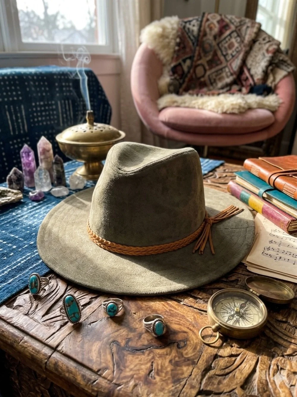 D&Y Taupe Brown Faux Suede Wide Brim Fedora Hat Rancher Boho Festival